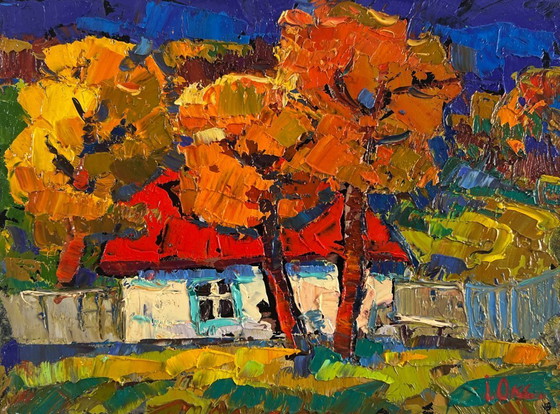 Image 1 of Original Oil Painting Fall Village Landscape Warmth of an autumn day