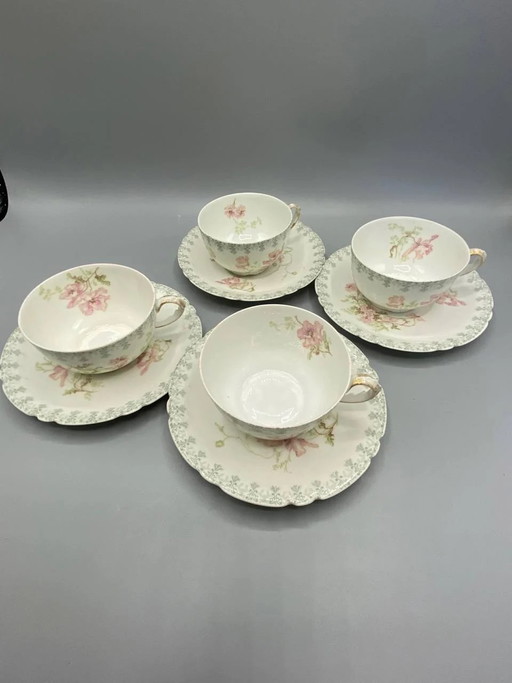 4 tazze con piattini in porcellana – Jean Pouyat – Limoges – Belle Époque – decoratieve objecten, Porcelain