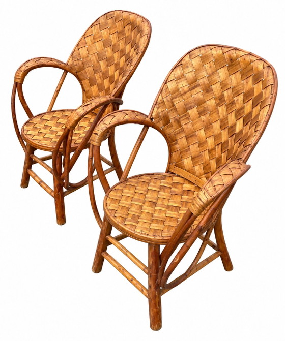 Set da giardino vintage in rattan intrecciato - tavolo rotondo e 4 poltrone – Set da salotto, Bamboo, Wicker (photo 5 of 15)