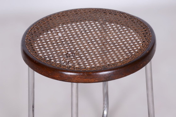 Restored Bauhaus Stool, by Robert Slezák, Chrome, Rattan, Czech, 1930s – Wood (photo 7 of 9)
