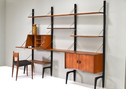 Louis Van Teeffelen Wandregal aus Teak und Messing für WEBE, Niederlande – um 1950 – wandkast, Wood, Vintage