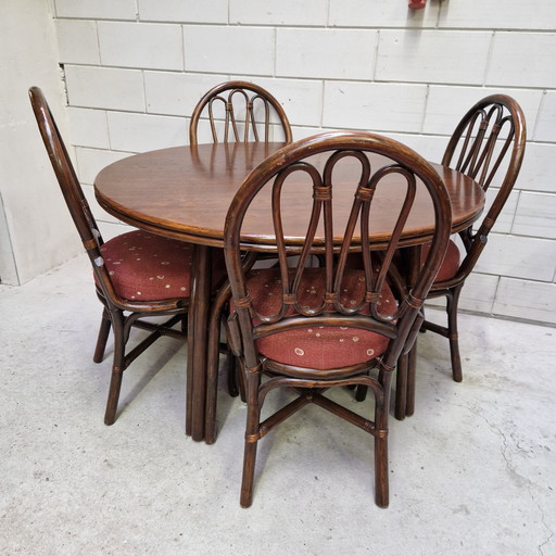 1970s dining room set Manou oak and bamboo table with 4 chairs