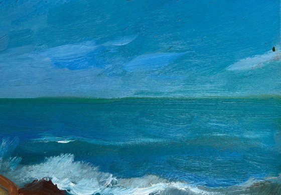 Image 1 of Peinture à l'huile originale représentant un paysage côtier marin. Les vagues se brisent sur les rochers.