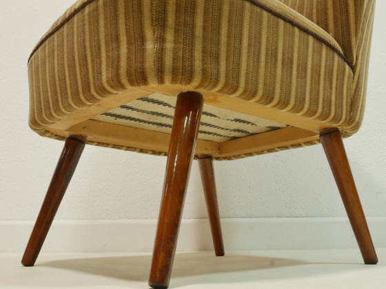 Image 1 of Vintage Cocktailsessel 60er Jahre, Mid Century Sessel, gestreifter Polsterstoff Oliv Braun Creme, Lounge Chair Germany