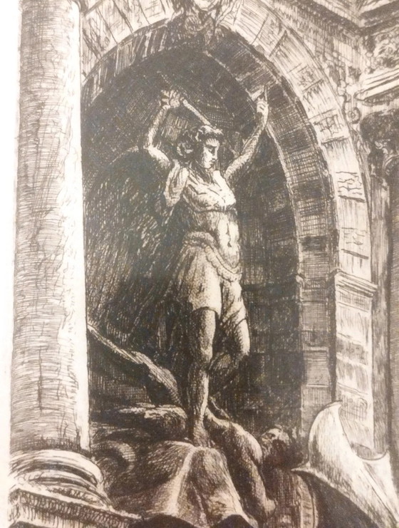 Originele ets van Aimé Edmond Dallemagne, Saint-Michel Fontein in Parijs – Litho's & Zeefdrukken, Paper (photo 5 of 10)