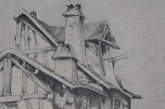 Disegno a carboncino attribuito a Jacques Moulinier (1753–1828) — Figure davanti a una casa a graticcio (photo 9 of 14)