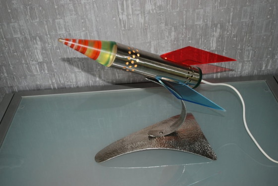 Image 1 of Rocket lamp, Red Yellow Blue made of stainless steel 1970s Space age, handmade