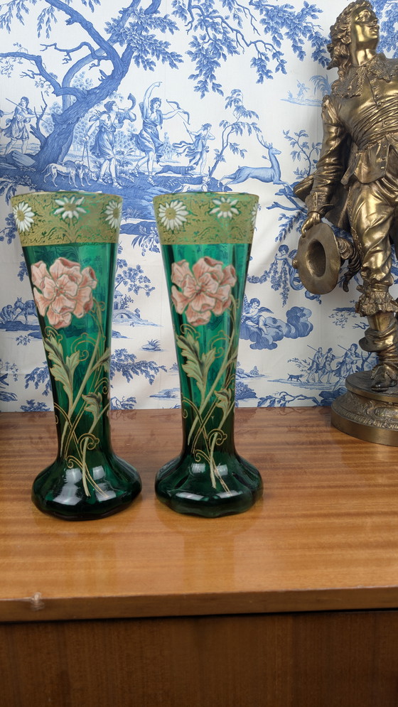 Image 1 of Coppia di vasi in vetro smaltato verde con fiori Art Nouveau di Legras-Montjoye