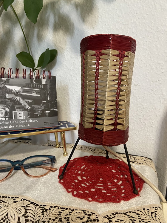 Image 1 of rare retro vintage raffia tripod table lamp tripod boho yes