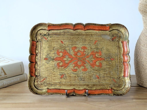 Vintage Florentine Gilt Wood Tray | Hand-Painted Orange & Gold | Midcentury Italian Baroque Decor