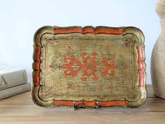 Image 1 of Vintage Florentine Gilt Wood Tray | Hand-Painted Orange & Gold | Midcentury Italian Baroque Decor