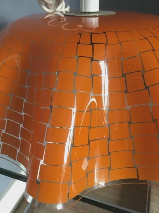 Polnische Deckenleuchte, orange handbemaltes Glas mit Wellenkante, 1970er-80er Jahre, Deckenleuchten (Foto 5 von 6)