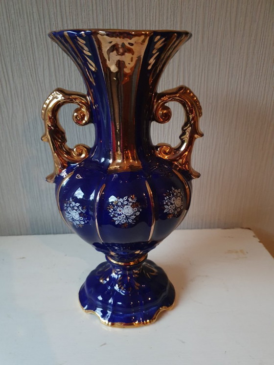 Image 1 of Exklusive italienische Keramikvase – kobaltblau mit Golddekor – 37 cm
