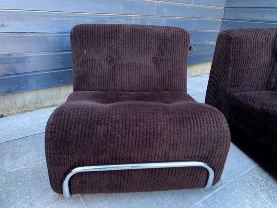 Image 1 of Divano da salotto modulare poltrona poggiapiedi stile Bauhaus in velluto a coste marrone e cromo vintage 1970
