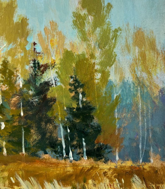 Image 1 of Original Oil Painting Autumn Forest Landscape Forest reflection in a pond