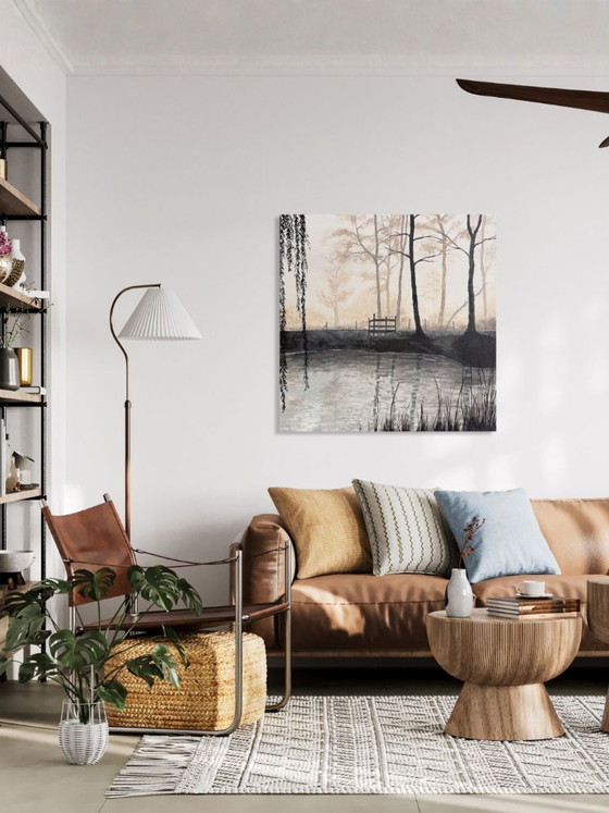 Image 1 of Sfeervol mistig boslandschap met water en reflecties | titel:0414 | 80 x 80 cm