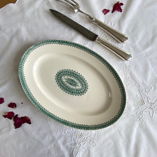 Oval serving platter, antique earthenware, Creil and Montereau ironstone, English service, green