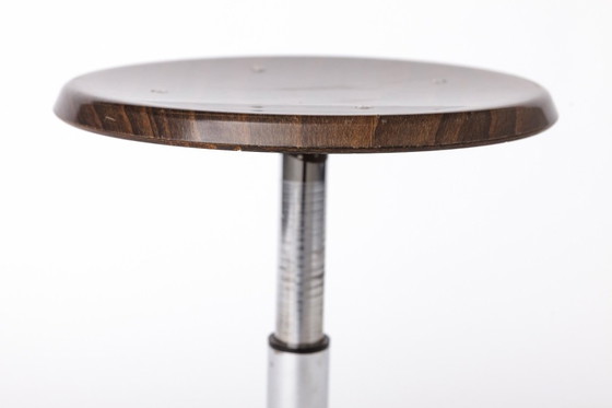 Image 1 of Set of 4 Vintage Industrial Stools 1970s, Chrome Adjustable Stools with Pagholz Seats, Mid Century Stools