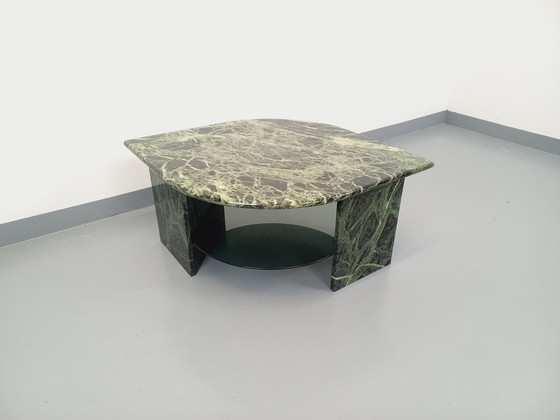 Image 1 of Vintage Square Coffee Table with 2 Tops in Green Marble and Smoked Glass from the 70s