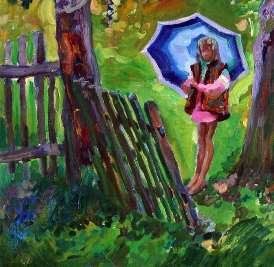 Peinture à l'huile originale Paysage rural Fille Pluie d'été – Peintures et dessins, Canvas (photo 4 of 5)