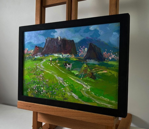 Original Oil Painting Rural Summer Landscape Quiet village on a green hill