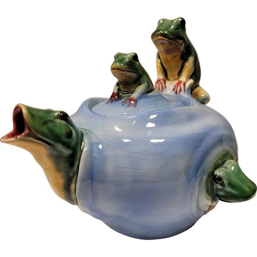 Vintage ceramic teapot "Frogs" by Delphin Massier, France