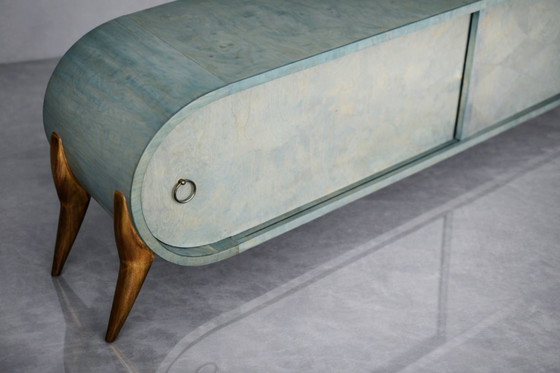 Image 1 of Vintage Mid-Century Modern Italian Turquoise Streamline Sideboard in Birch, 1960s