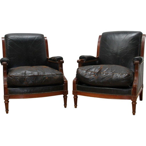Poltrone vintage Luigi XVI in legno verniciato e pelle nera