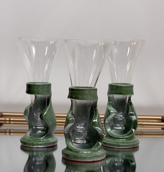 Image 1 of Copas de champán de cristal Francis Dumelié de cerámica verde