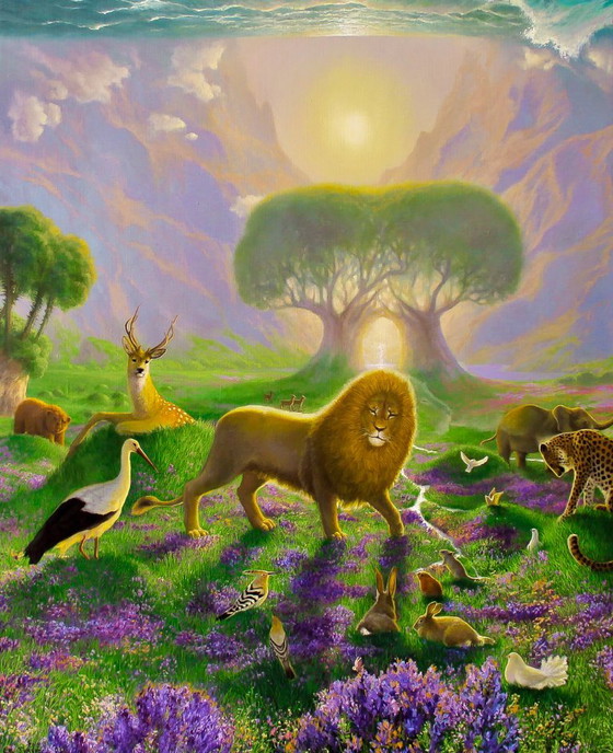 Original Oil Painting Nature Landscape Fantasy Animals Creation of the World – Paintings & Drawings, Canvas (photo 4 of 8)