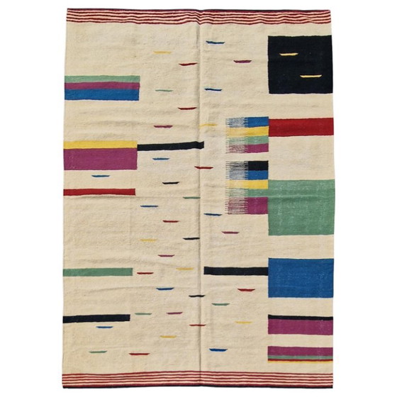 Handgeweven wollen kilimtapijt | Modern zwart-wit ikatdesign | Hedendaags platgeweven (246 x 173 cm) (photo 12 of 14)