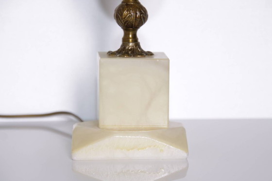 Image 1 of Lampe de table en pierre naturelle, laiton, simili cuir, franges, 67 cm, années 1970, J Vintage