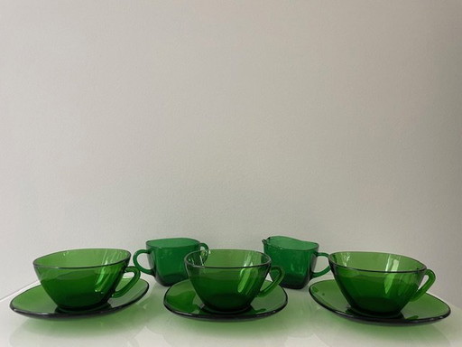 3X tasses et soucoupes en verre vintage avec sucre et lait (Vereco France)