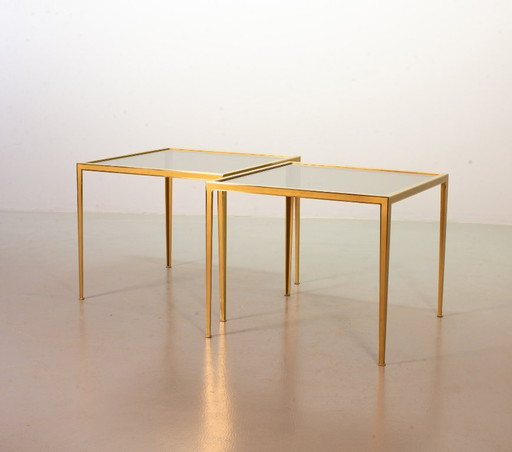 Elegant Hollywood Regency Minimalistic Solid Brass Side Tables with Smokey Glass Top by Vereinigte Werkstätten. Set of 2. 1970s.