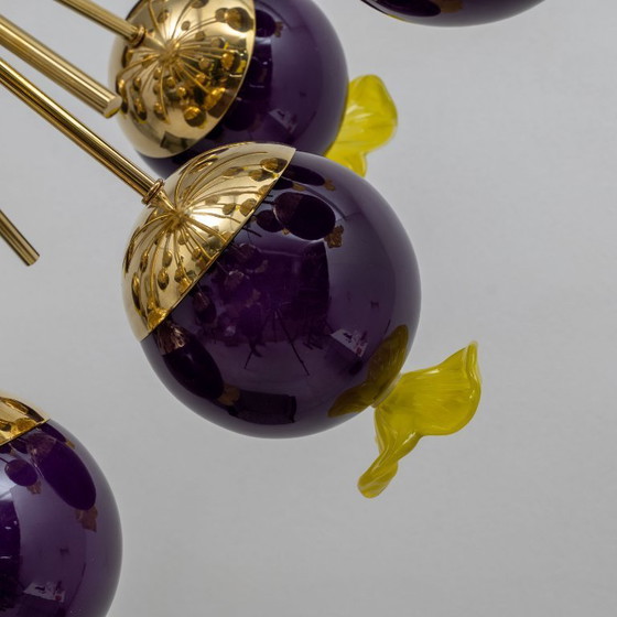 Image 1 of Italian Murano Glass and Brass Sputnik Chandelier, Yellow and Purple Spheres