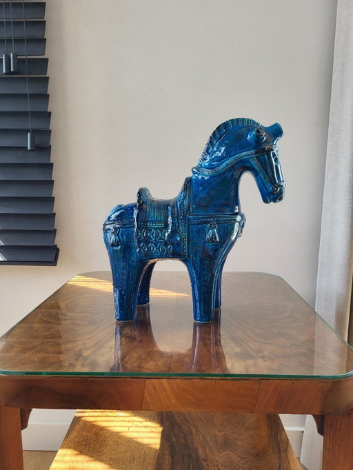 Bitossi horse XL in glazed ceramic, Rimini decor, Aldo londi, 1960s in Italy