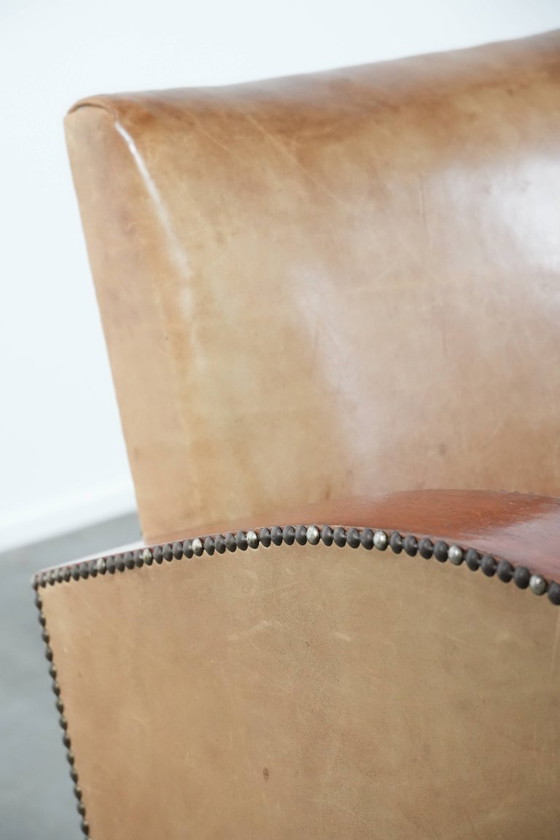 Image 1 of Fauteuil de style Art déco en cuir de vachette d'une belle couleur cognac clair