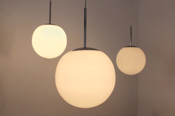 Chrome and Opal Glass Bubble Pendants by Peill & Putzler, designed by Wilhelm Wagenfeld, Pendant lamps, White (photo 4 of 12)