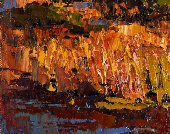 Image 1 of Original Oil Painting Autumn River Landscape: A Walk in the Evening Silence