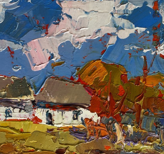 Image 1 of Original Oil Painting Autumn Village Landscape Autumn golden time