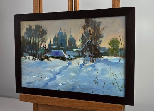 Original Oil Painting Winter Church Landscape View of the monastery in the evening