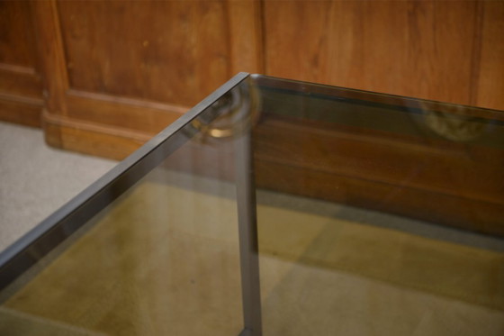Image 1 of Scrivania di design in acciaio inox spazzolato e vetro fumé nero, anni '80