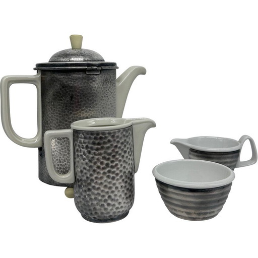 Service à thé vintage Art déco en métal martelé et porcelaine pour Wmf, 1930