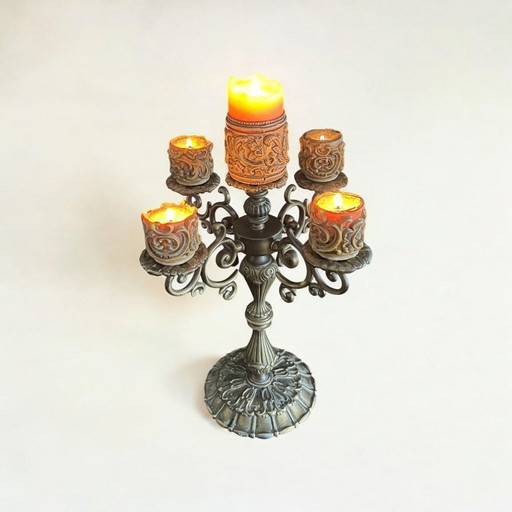 Mid - Century candelabra in historicism style, heavy 5-arm candlestick with original decorative candles, 1960s-1970s