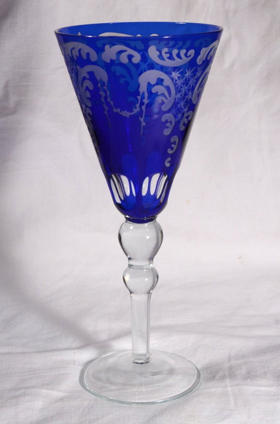 Set aus 4 großen Stielgläsern mit kobaltblauem Muster und mattiertem Glas, 10 x 24 cm – Gläser & Karaffe (photo 4 of 10)