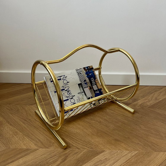 Image 1 of Gold Mid Century Magazine Rack: 70s Vintage Newspaper Holder