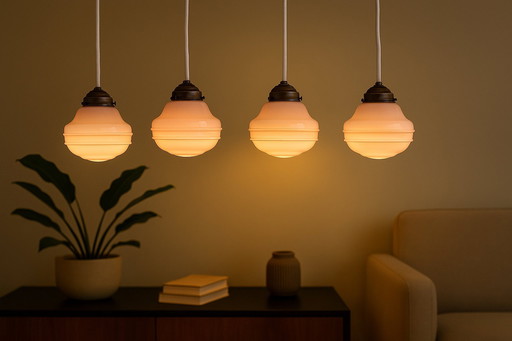 Set di 4 lampade a sospensione in vetro opalino rosa - vintage