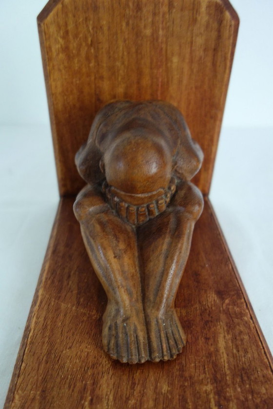 Image 1 of Vintage wooden bookends, weeping Buddha