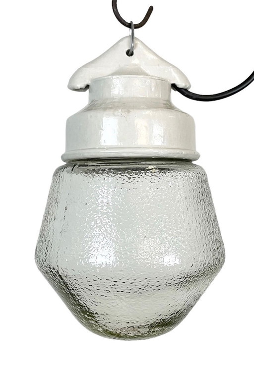 Industriële hanglamp van wit porselein met mat, helder glas, jaren 70