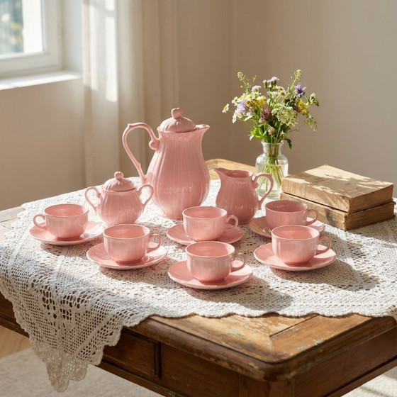 Image 1 of Antique pink coffee service signed Salins-les-Bains